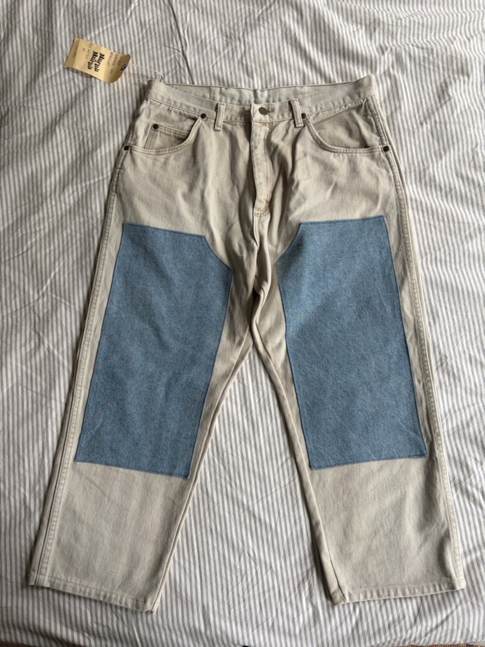 Vintage Reworked Cropped Wrangler Two-Tone Cream Jeans with Denim Knee Panels